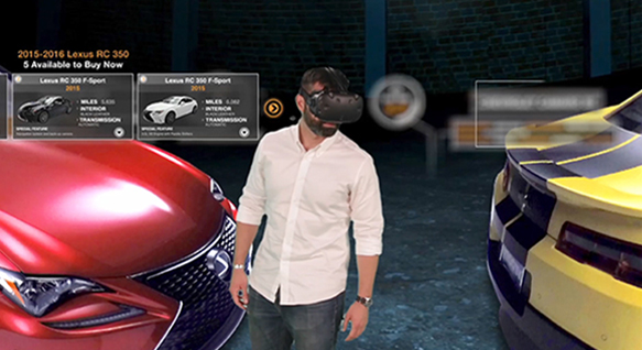 An AI-driven automotive industry is depicted with a man in a white shirt standing beside a car