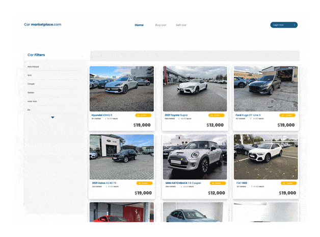 A car dealership website showcasing a variety of cars, utilizing automotive artificial intelligence.